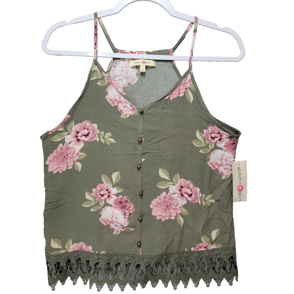 Wishful Park Halter Tank Top Womens S‎ Floral  Lace Hem Strappy Rose Olive New